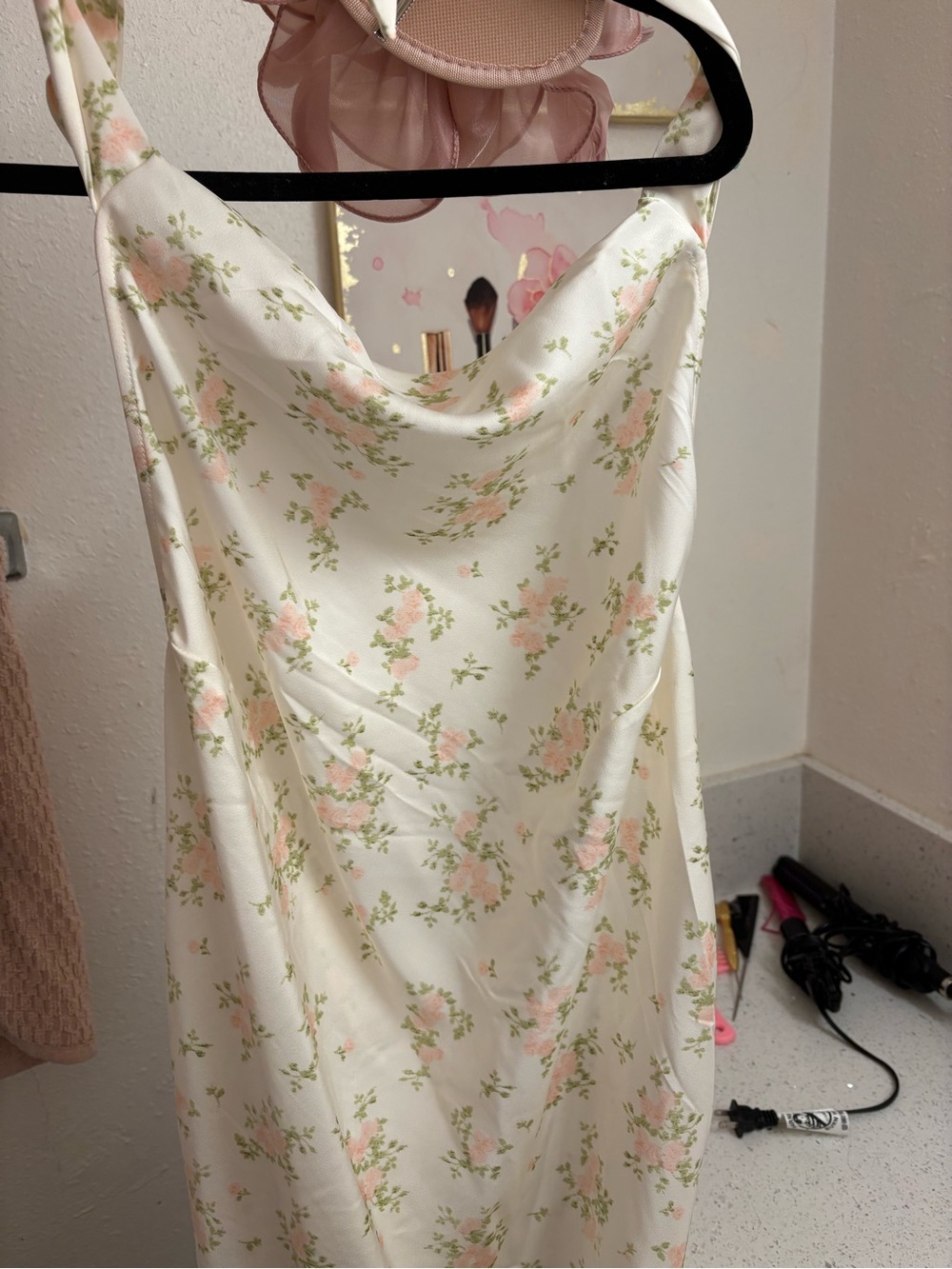 Ivory Floral Cowl Neck Slip Dress - Pink & Green Roses